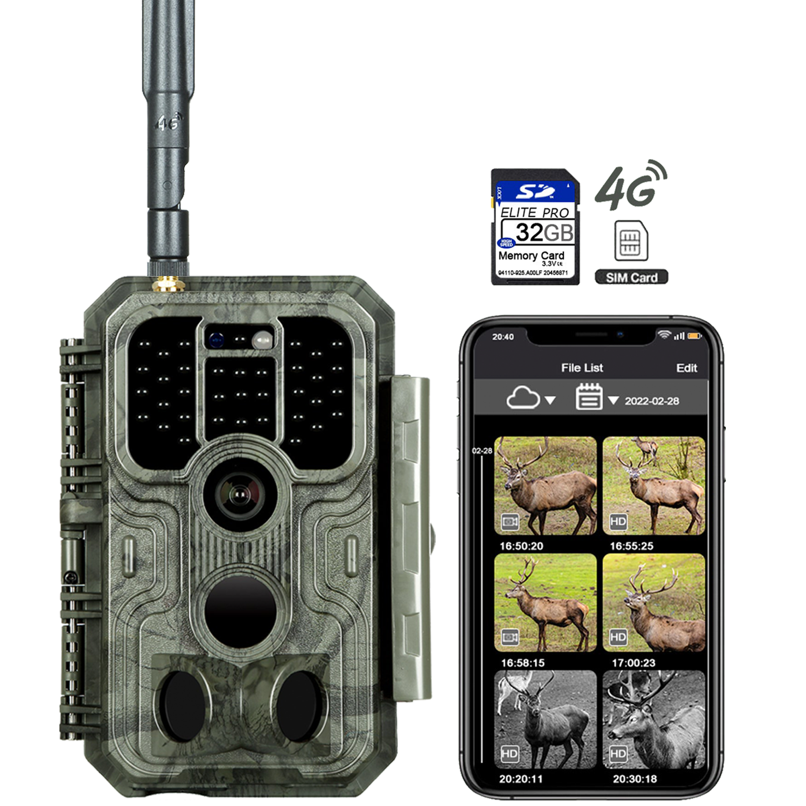 4G LTE Wildkamera Fotofalle Wildtierkamera mit SIM-Karte 120° Bewegungserkennung 48MP 1296P Nachtsicht IP66 wasserdicht und 32GB SD Karte A390G Green