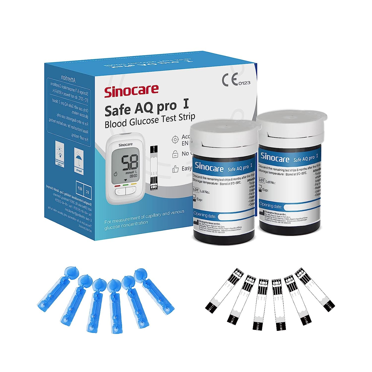 [50 Stück] Sinocare Blutzuckerteststreifen mit kostenlosen Lanzetten | Safe AQ proⅠ