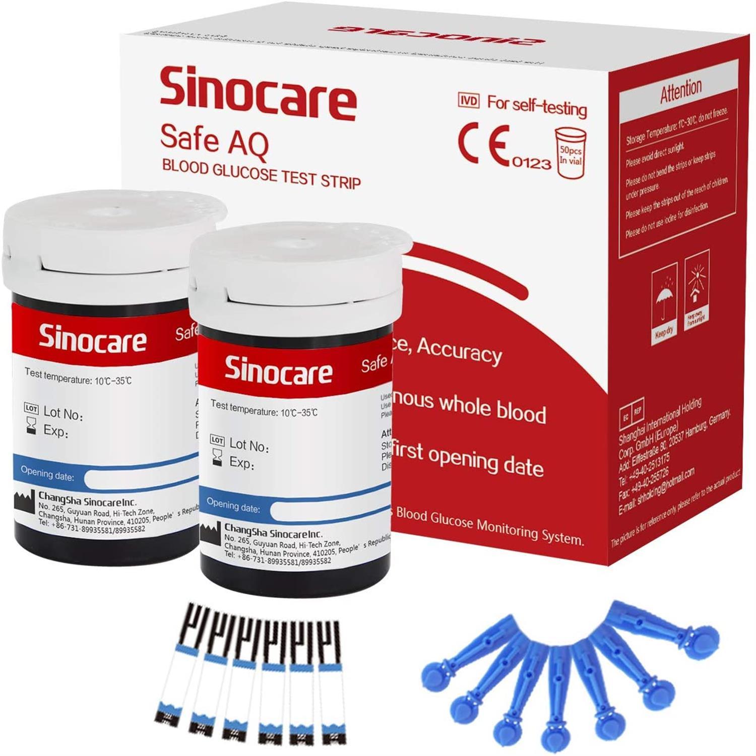 [50 Stück] Sinocare Blutzuckerteststreifen mit kostenlosen Lanzetten | Safe AQ Smart/Safe AQ Voice