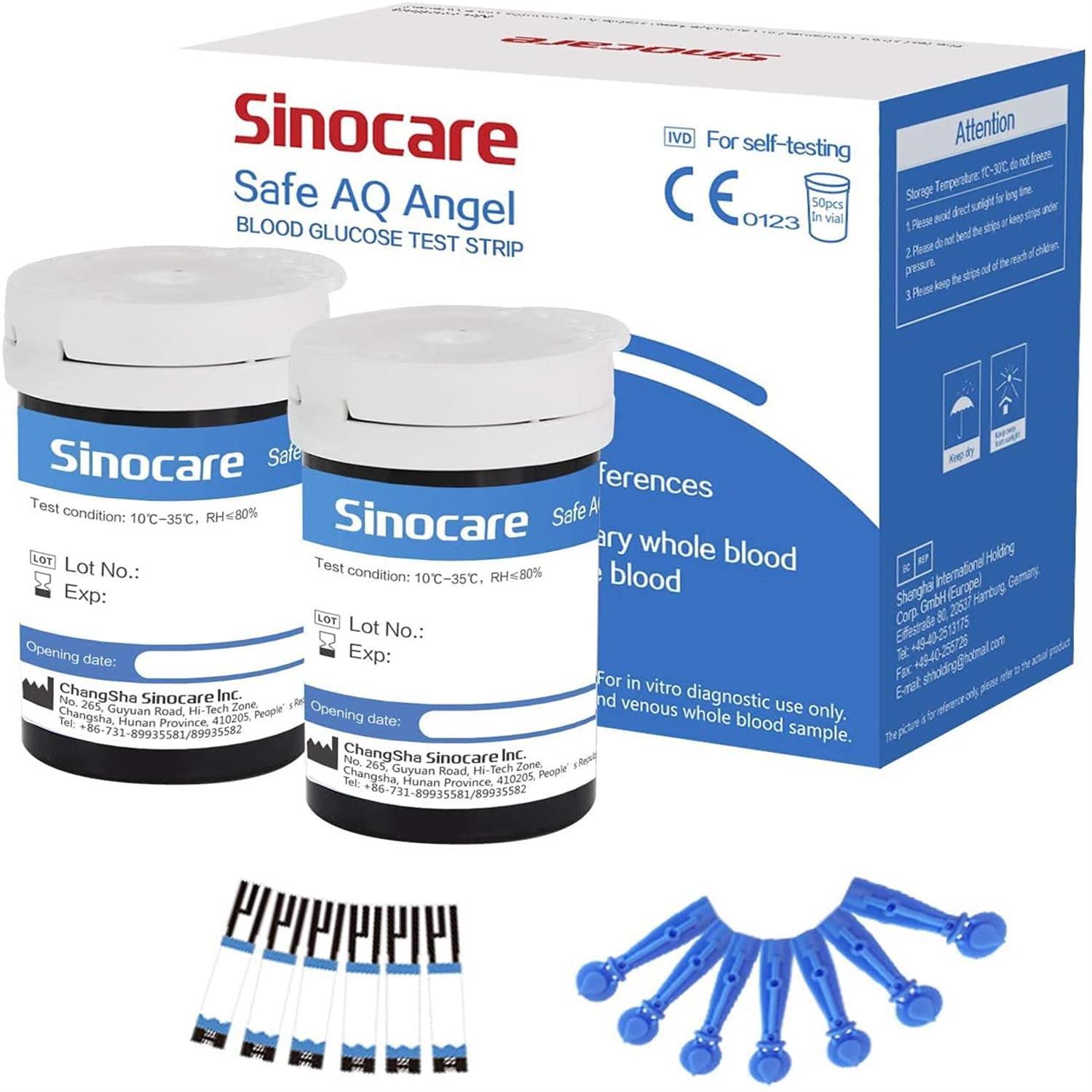[50 Stück] Sinocare Blutzuckerteststreifen mit kostenlosen Lanzetten | Sicherer AQ-Engel
