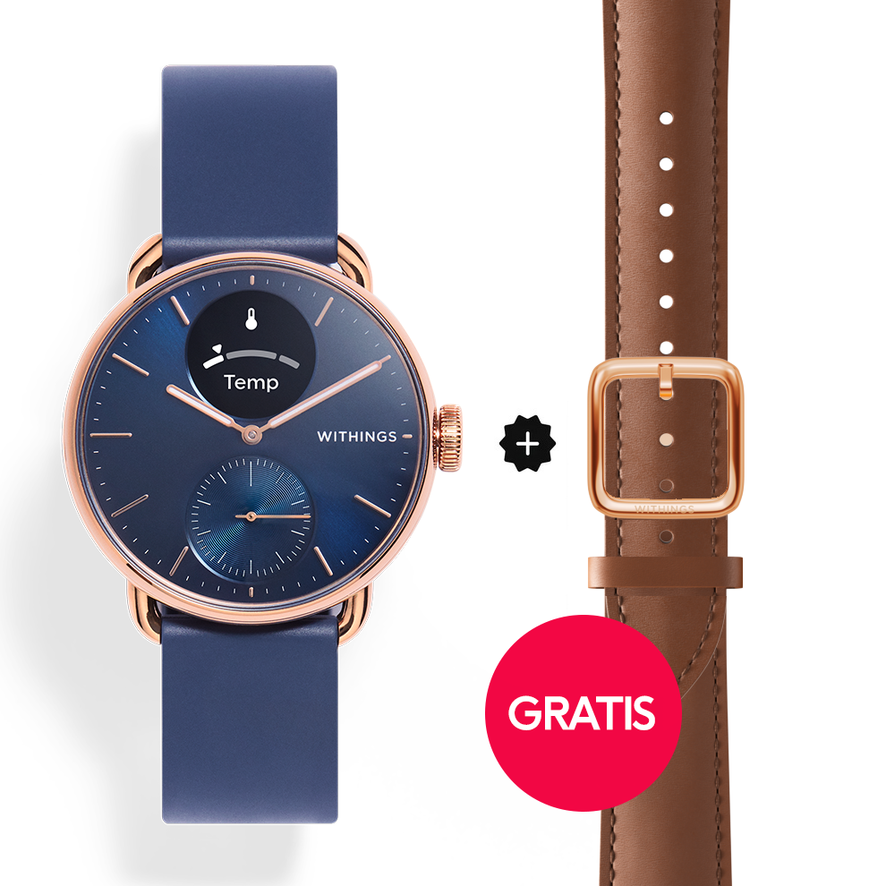 Withings ScanWatch 2 - 38mm Blau Rosegold + Gratis Withings Lederarmband  Braun