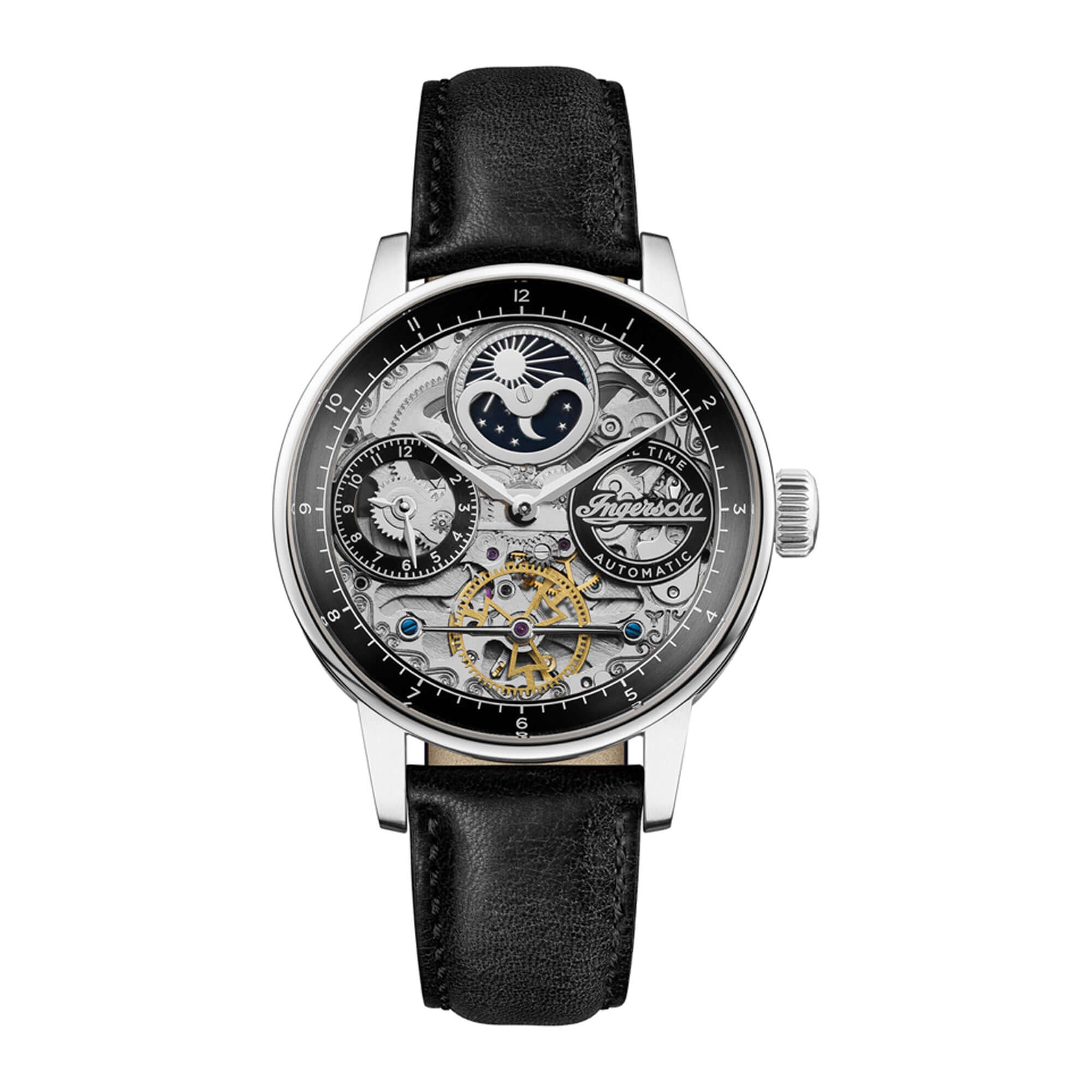 Ingersoll The Jazz 42 mm Au­to­ma­tik-Mond­pha­sen­uhr für Herren mit silbernem Ske­lett-Zif­fer­blatt und Schwarz Echt­le­der­arm­band I07701