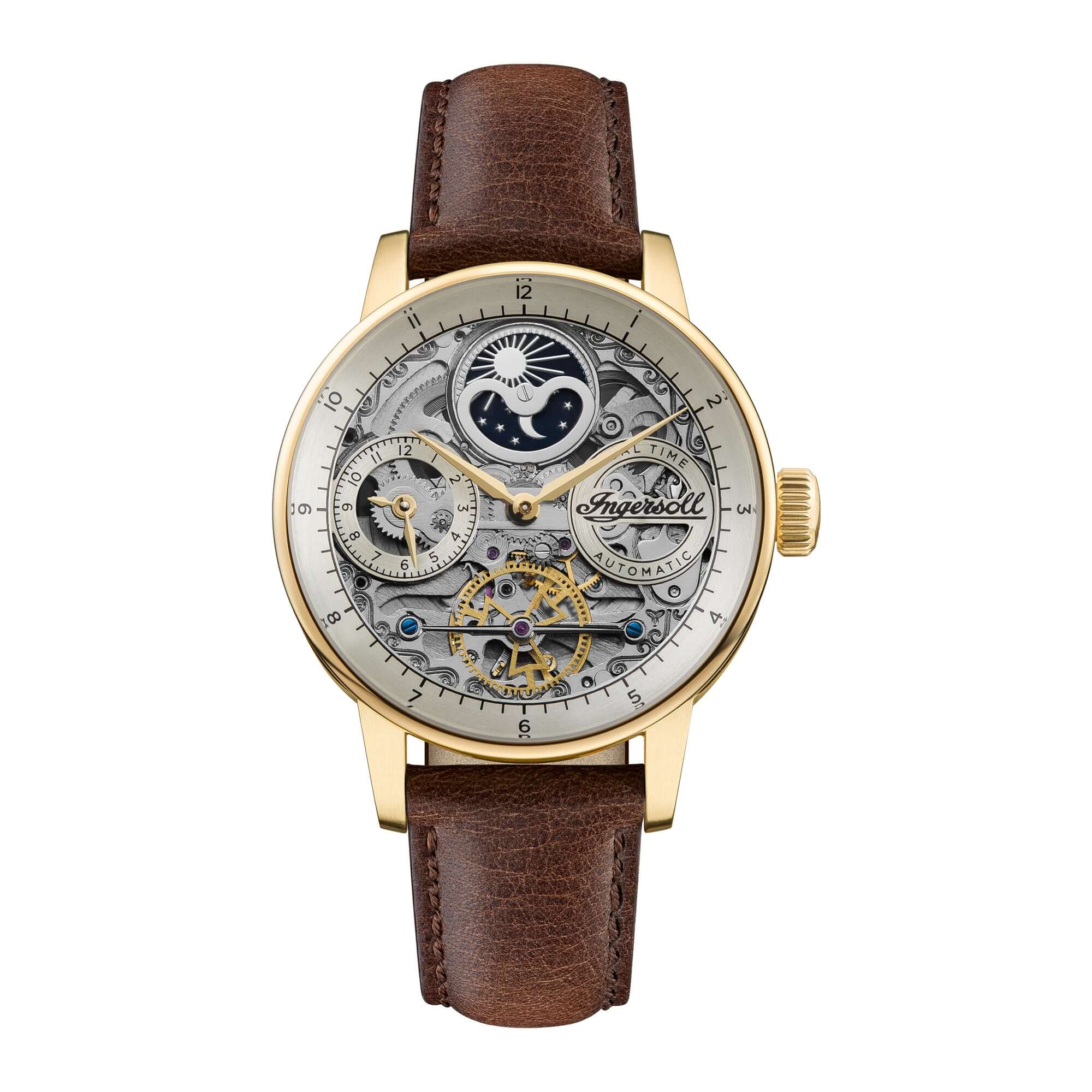 Ingersoll The Jazz 42 mm Automatik-Mondphasenuhr für Herren mit hellgoldenem Skeleton-Zifferblatt und Braunem Echtlederarmband I07704