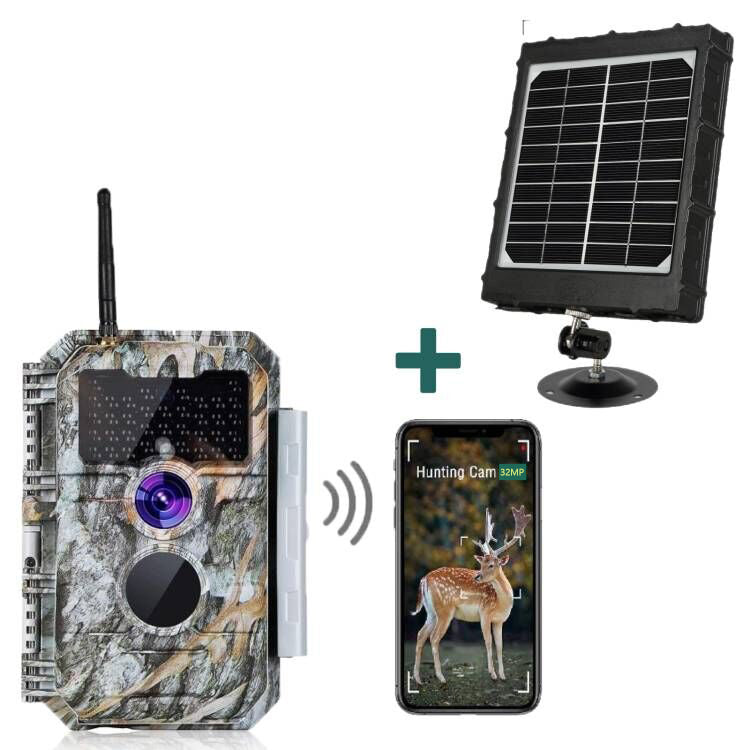 Bundle Wildkamera Wildtierkamer Jagdkamera Wlan 64MP 1296P 0,1s Auslöserzeit Nachtsicht Bewegungsmelder 110°PIR und Solarpanel-Kits 8000mAh 12V/9V/6V | W600 Tannenasch